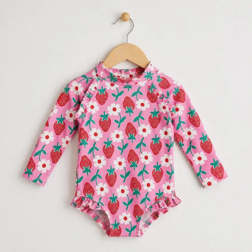 Baby Boden Baby Girl Strawberry Floral Rash Guard Swimsuit 3-6M 68cm Pink